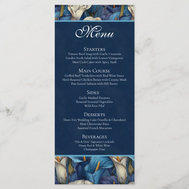 Menu Tema de Casamento Rústico com Copo-de-Leite Azul E (Frente)