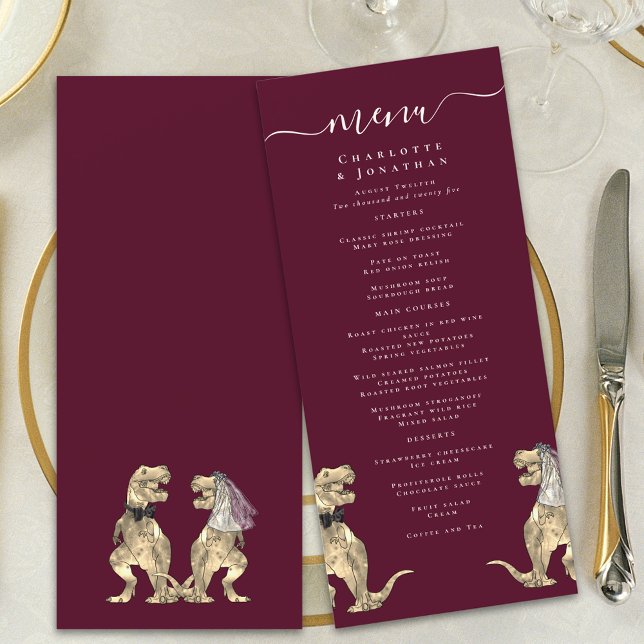 Menu Tema Dinossauro Casamento Borgonha e Creme (Dinosaur destination wedding menu burgundy & cream modern elegant script T-Rex din bride & groom)