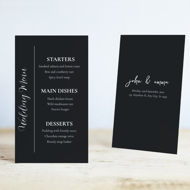 Menu Tema Elegante de Casamento Negro e Branco (Food is the one that makes your guests remember you most, use this theme wedding menu card)