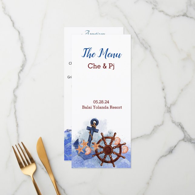Menu Tema Náutico de Casamento de Praia (Frente/Verso In Situ)