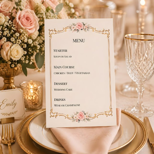 Menu Tema Rococó Elegante Casamento Bege (Ricoco themed wedding reception dinner menu)