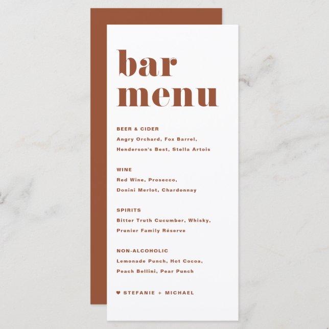 Menu Terracotta Bold Retro Typografia Bar de Casamento (Frente/Verso)