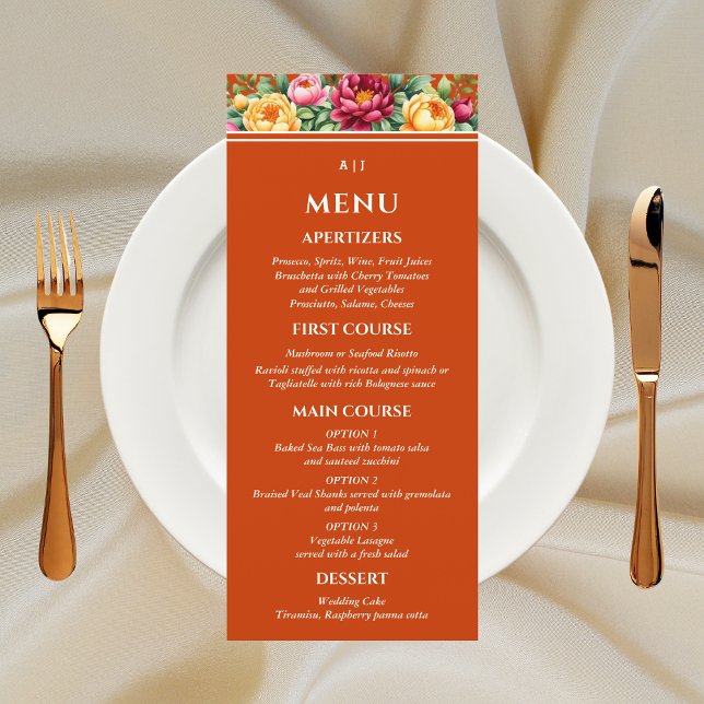 Menu Terracotta Burgundy Casamento Floral Amarelo (Criador carregado)