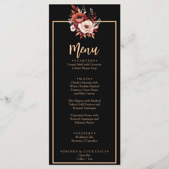 Menu Terracotta Burnt Orange Black Fall Casamento Jante (Frente)