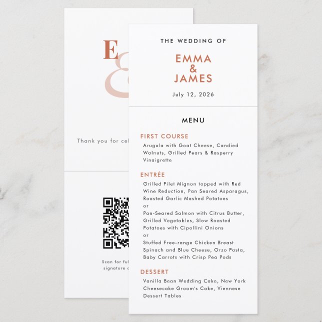 Menu Terracotta E comercial Casamento | Código QR | Ele (Frente/Verso)