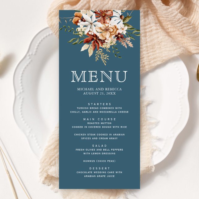 Menu Terracotta Floral Wildflower Dusty Casamento Azul (Criador carregado)
