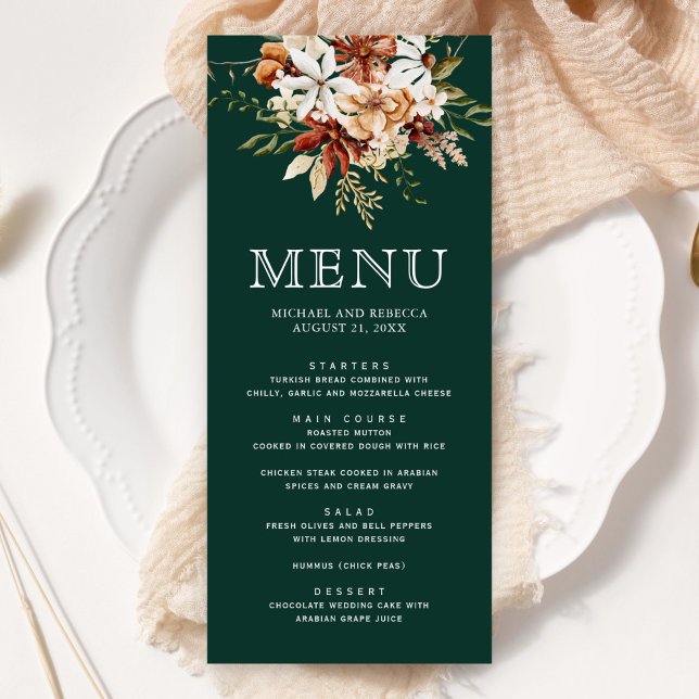 Menu Terracotta Floral Wildflower Emerald Green Weding (Criador carregado)