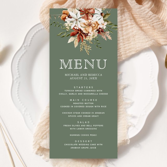 Menu Terracotta Floral Wildflower Sage Casamento Verde (Criador carregado)