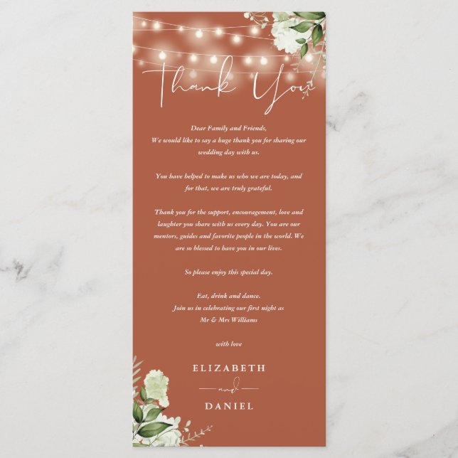 Menu Terracotta Greenery Casamento Obrigado Carteira (Frente)