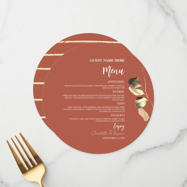 Menu Terracotta Orange Eucalyptus Round Casamento Doura (Frente/Verso In Situ)