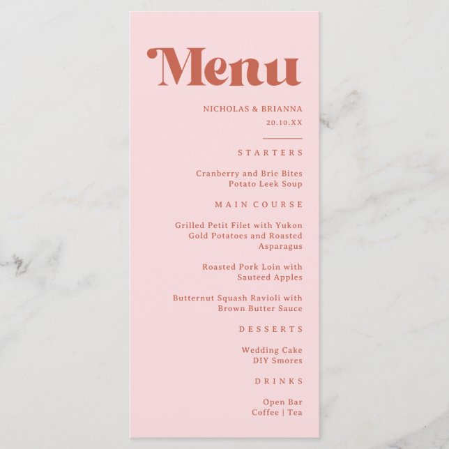 Menu Terracotta & Rosa Bege Casamento Retro Groovy (Frente)