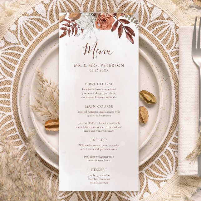 Menu Terracotta Rust Flores Boho Fall Foliage Casamento (Criador carregado)