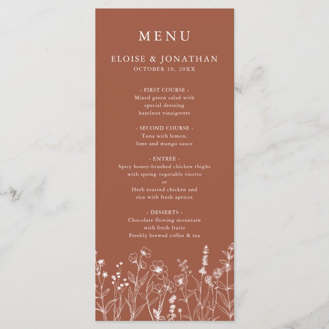 Menu Terracotta Rustic Floral Fall Wildflower Casamento (Frente)