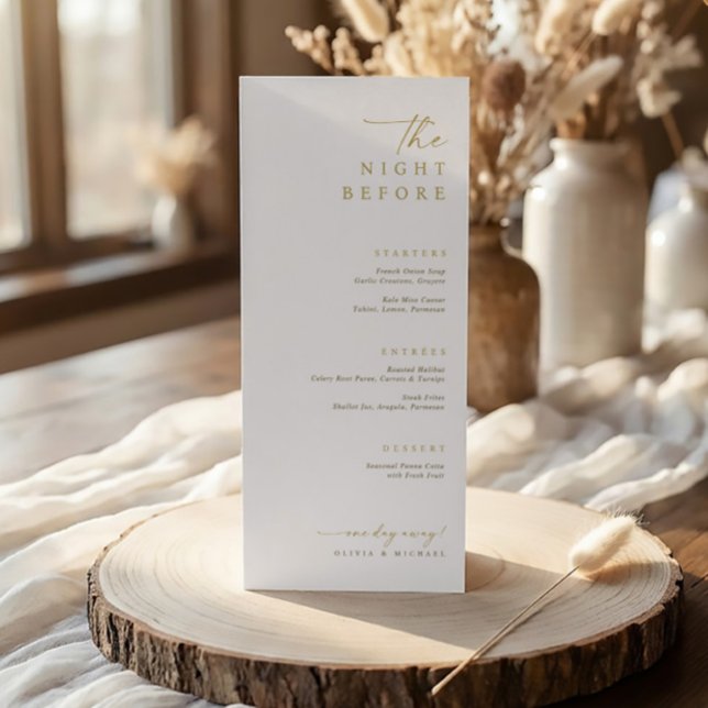 Menu The Night Before Gold Wedding Rehearsal Dinner (Elegant gold rehearsal dinner menus - the night before - elegant handwriting)