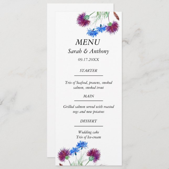 Menu Thistle Scotland Floral Watercolor Comida (Frente/Verso)