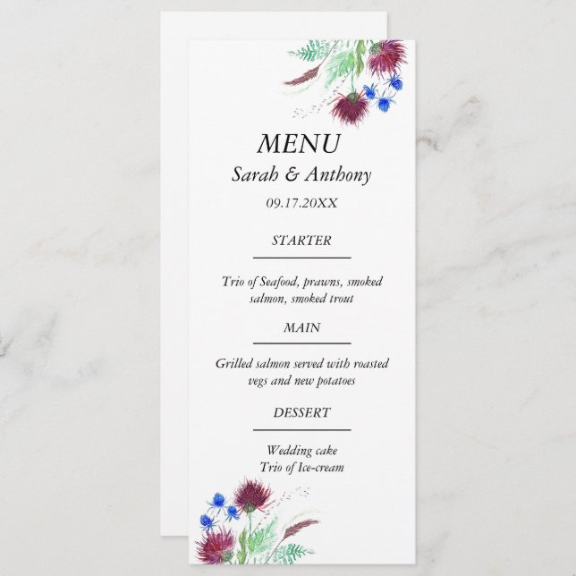 Menu Thistle Scotland Floral Watercolor Comida (Frente/Verso)