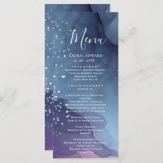 Menu Tinta azul e púrpura de álcool com mística brilhan (Frente/Verso)