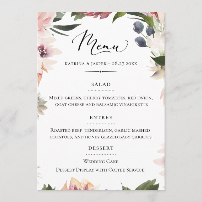 Menu Tipografia Chic Blush Plum Floral Casamento (Frente)