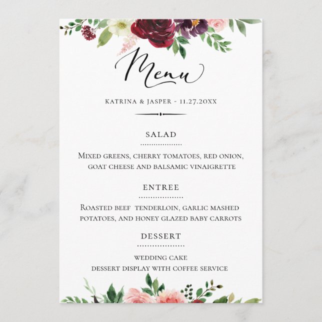Menu Tipografia Chic Burgundy Blush Floral Casamento (Frente)