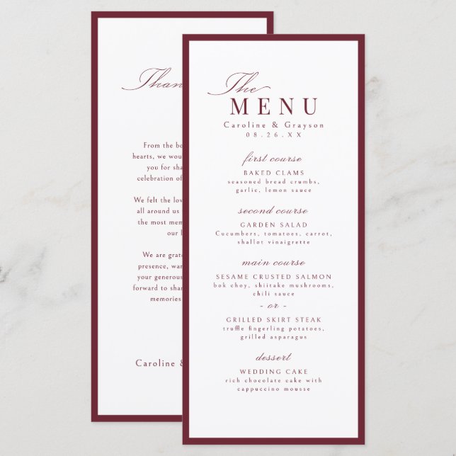 Menu Tipografia de Casamento Burgundy Graceful Script (Frente/Verso)