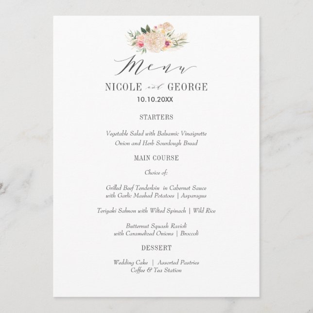 Menu Tipografia Elegante Casamento Dourado de Peony ou  (Frente)