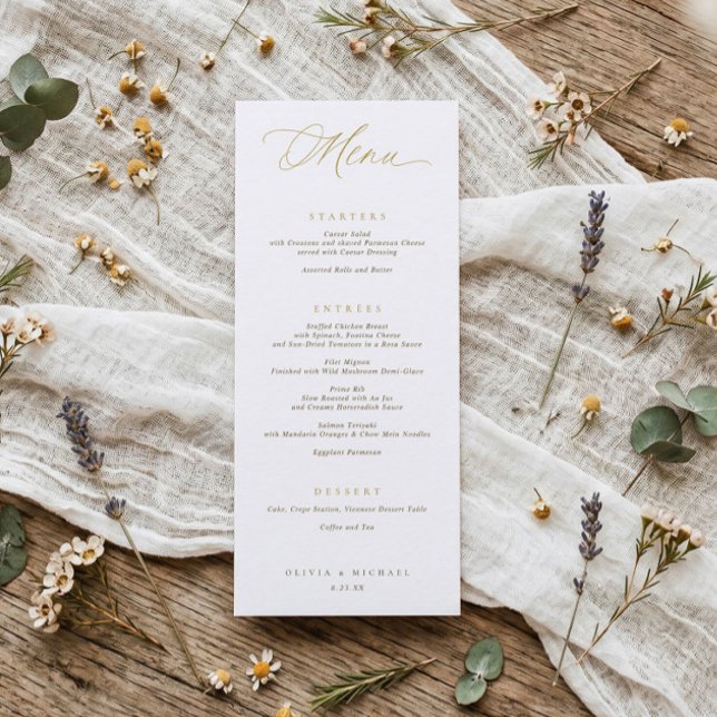 Menu Tipografia Elegante Casamento Jantar Roscas Dourad (Elegant gold wedding dinner menu with modern script and minimalist old money typography.)