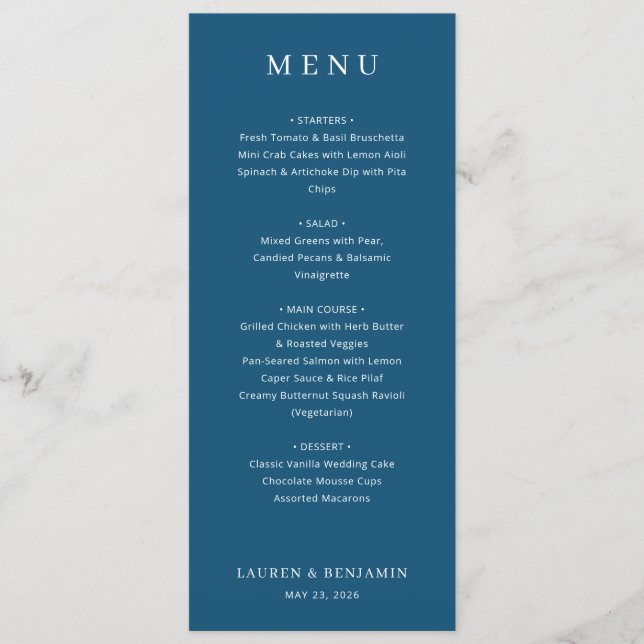 Menu Tipográfico Elegante Azul-Marinho (Frente)