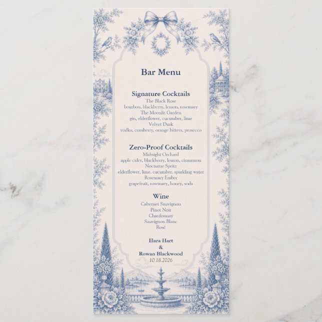 Menu Toile de Jouy Local da História Casamento Bar (Frente)