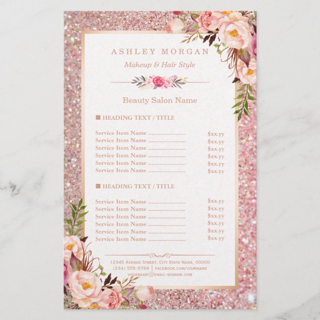 Menu Trendy Rosa Glitter Floral Beauty Salon (Frente)