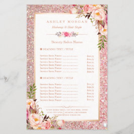 Menu Trendy Rosa Glitter Floral Beauty Salon