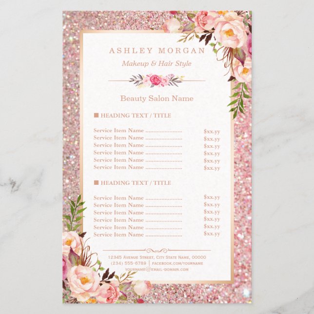 Menu Trendy Rosa Glitter Floral Beauty Salon (Frente)