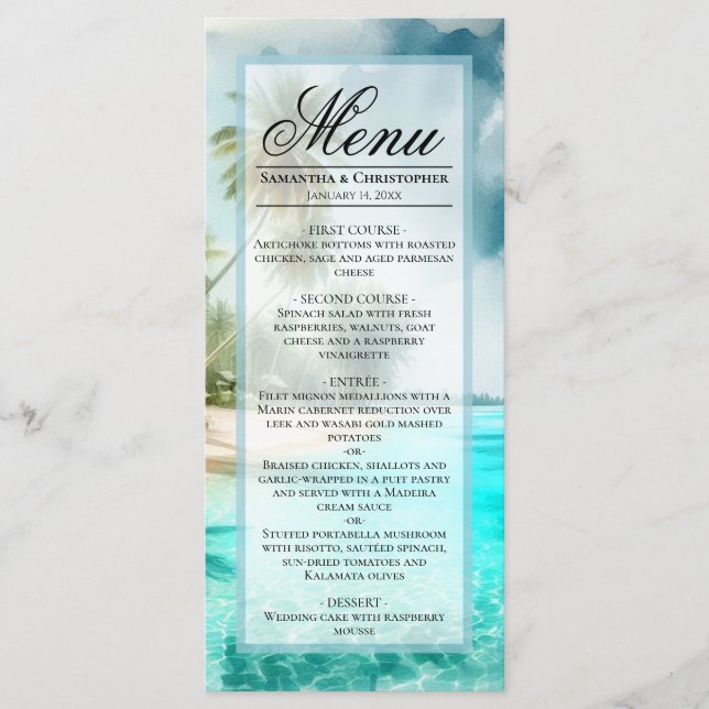 Menu Tropical Beach Watercolor Elegant Coastal Wedding (Frente)