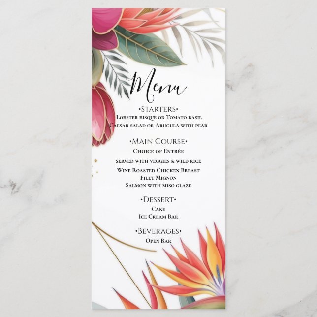 Menu Tropical Floral Paradise Botanical Gold Wedding  (Frente)