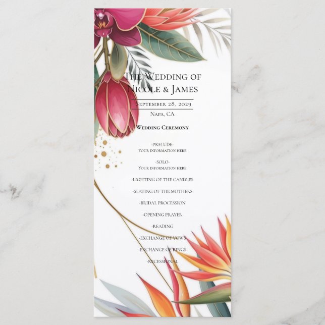 Menu Tropical Floral Paradise Botanical Wedding Program (Frente)