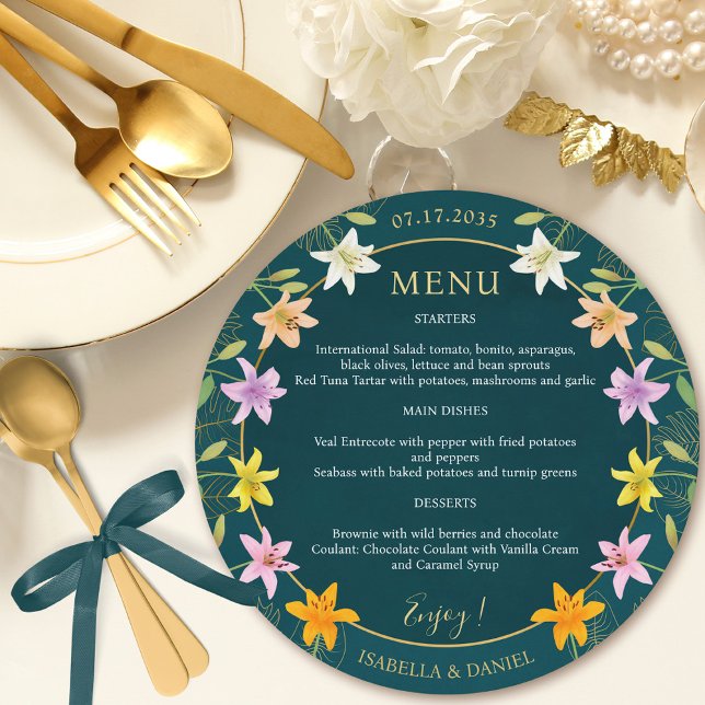 Menu Tropical Lily Teal e Dourada Casamento Redondo (Tropical Lily Teal and Gold Round Wedding Menu)