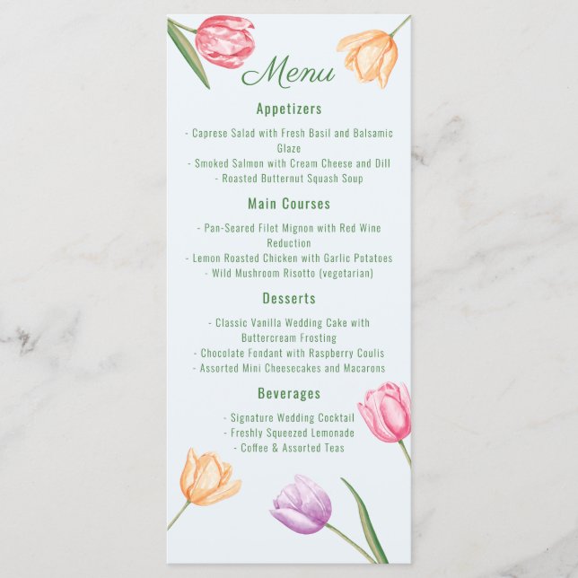 Menu Tulipas Flores de Pastel Aguarela Casamento Primav (Frente)