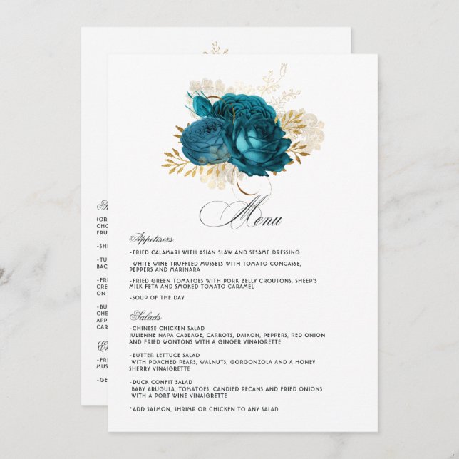 Menu Turquesa e Dourada Casamento Floral (Frente/Verso)