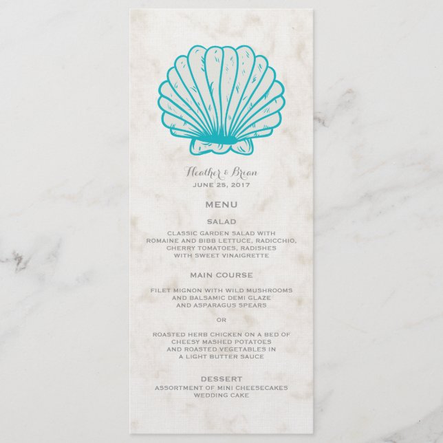 Menu Turquesa Rustic Seashell WedeMenu (Frente)