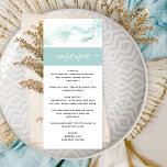 Menu Turquesa Watercolor, Casamento Elegante<br><div class="desc">Aprecie seus convidados com este menu elegante. Separe o design com uma cor de água delicada em uma mistura de turquesa, aqua, tons azuis e verdes macios empoeirados na parte superior da frente, bem como no verso. Caligrafia escrita à mão moderna "Menu" sobre Turquesa Aqua elegante. Detalhes da caligrafia manuscrita...</div>