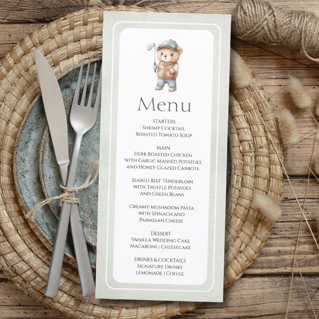 Menu Ursa de golfe verde fofa personalizada para chá de (Criador carregado)