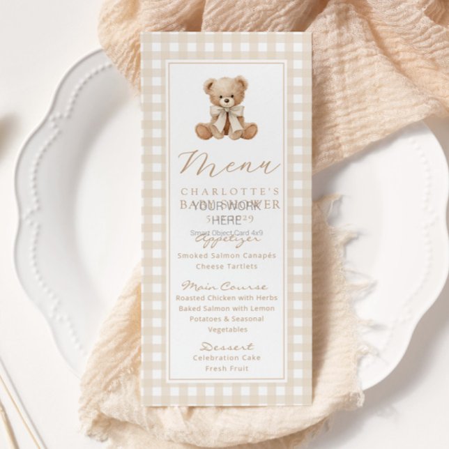 Menu Ursa de pelúcia Gingham Chá de Bebê gênero neutro (Criador carregado)