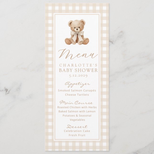 Menu Ursa de pelúcia Gingham Chá de Bebê gênero neutro (Frente)