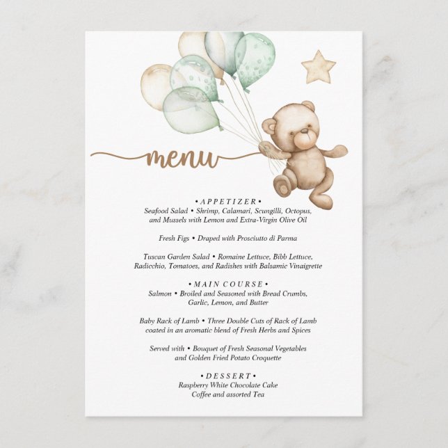 Menu Ursinho de Pelúcia Bebê Urso Chá de Bebê  (Frente)