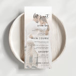 Menu Vamos de Sobreposição de Foto Esmaecida Branco Eat<br><div class="desc">Este elegante menu de casamento,  com fotos personalizadas,  texto e roteiro moderno,  faria uma maravilhosa adição à sua festa! Altere facilmente o texto clicando na opção "personalizar este modelo".</div>