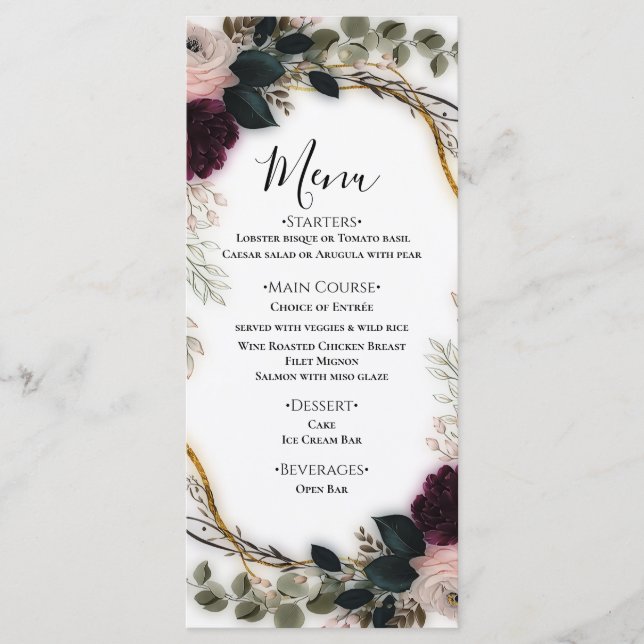 Menu Velvet Plum Garden Floral Greenery Wedding  (Frente)