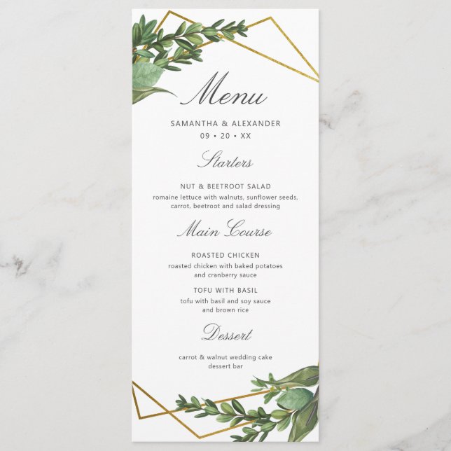 Menu Verde Botânico e Casamento Geométrico Dourado (Frente)