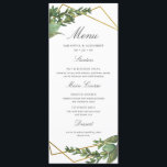Menu Verde Botânico e Casamento Geométrico Dourado<br><div class="desc">Este cartão de cardápio é a adição perfeita ao seu básico de casamento! Este design apresenta um verde botânico de cor aquática e uma estrutura geométrica de folha de ouro falso com um na moda e uma tipografia moderna com opções de "Menu" e comida. Esta carta se reverte para um...</div>