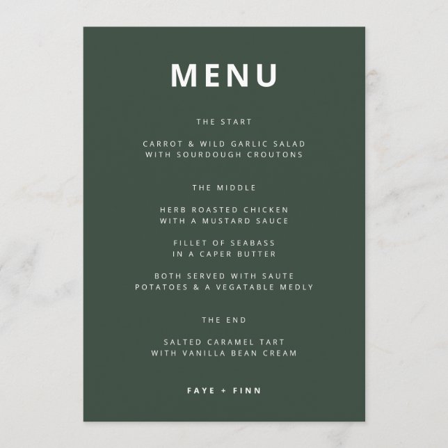 Menu Verde escuro | Casamento Moderno de Moss Minimalis (Frente)