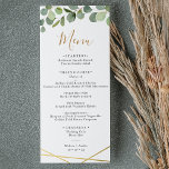 Menu Verde Eucalyptus com Casamento Geométrico Dourado<br><div class="desc">Projetado para coordenar com nossa coleção de casamento Mixed Greenery,  este Menu personalizável apresenta um quadro geométrico dourado com cor d'água verde e texto dourado e cinza. Para fazer alterações avançadas,  vá para a opção "Clique para personalizar mais" em Personalizar este modelo.</div>