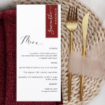 Menu Vermelho Borgonha Personalizado com Nome de Convid<br><div class="desc">Porquê gastar cartões de lugar e cartões de menu quando pode ter um Menu elegante All-in-one personalizado com cada nome de convidado! Design contemporâneo, simples e elegante com uma bela caligrafia escrita à mão. Stripe no canto superior direito, em vermelho burgundy, com o nome de convidado em branco. De volta...</div>
